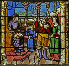 Vetrata raffigurante i Genitori di San Nicola che consegnano il Santo a un Insegnante